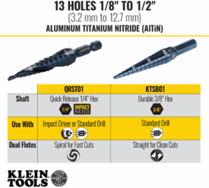13-Step Drill Bit, 3/8 Inch Hex, High Speed Steel, 1/8 Inch to 1/2 Inch