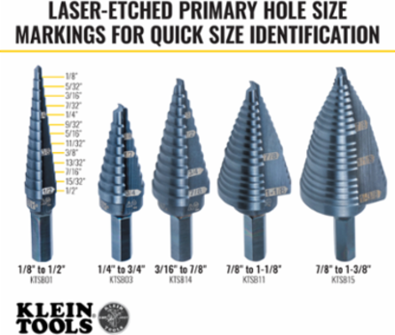 13-Step Drill Bit, 3/8 Inch Hex, High Speed Steel, 1/8 Inch to 1/2 Inch
