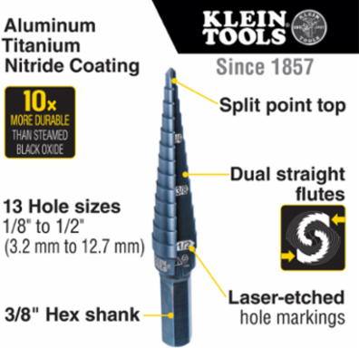 13-Step Drill Bit, 3/8 Inch Hex, High Speed Steel, 1/8 Inch to 1/2 Inch