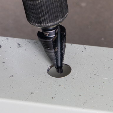 Step Drill Bit 3/8 Inch Hex, 2-Hole Sizes 7/8 Inch to 1-1/8 Inch, Aluminum Titanium Coating
