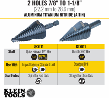 Step Drill Bit 3/8 Inch Hex, 2-Hole Sizes 7/8 Inch to 1-1/8 Inch, Aluminum Titanium Coating