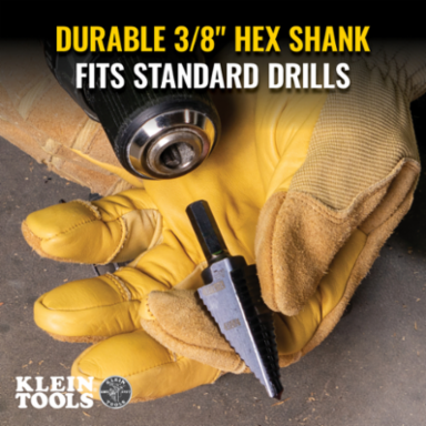 Step Drill Bit 3/8 Inch Hex, 2-Hole Sizes 7/8 Inch to 1-1/8 Inch, Aluminum Titanium Coating