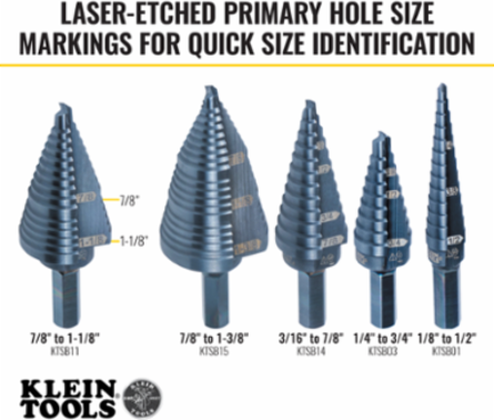 Step Drill Bit 3/8 Inch Hex, 2-Hole Sizes 7/8 Inch to 1-1/8 Inch, Aluminum Titanium Coating