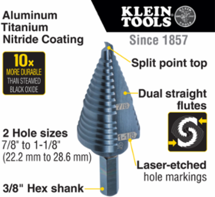 Step Drill Bit 3/8 Inch Hex, 2-Hole Sizes 7/8 Inch to 1-1/8 Inch, Aluminum Titanium Coating