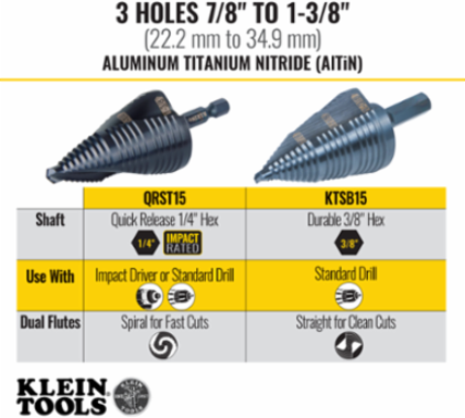 3-Step Drill Bit, 3/8 Inch Hex, 7/8 Inch to 1-3/8 Inch, Aluminum Titanium Coating