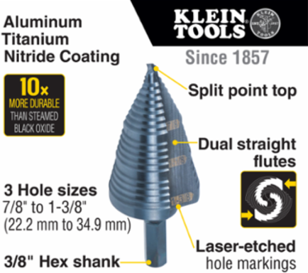 3-Step Drill Bit, 3/8 Inch Hex, 7/8 Inch to 1-3/8 Inch, Aluminum Titanium Coating