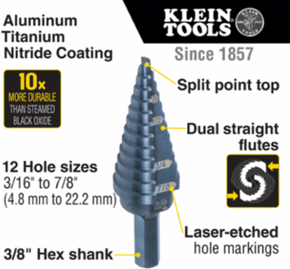 Premium Electrician's Step Bit Set, 3 Pieces, 3/8 Inch Hex, Sizes 7/8 Inch to 1-3/8 Inch