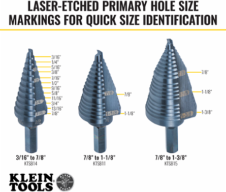 Premium Electrician's Step Bit Set, 3 Pieces, 3/8 Inch Hex, Sizes 7/8 Inch to 1-3/8 Inch