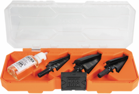 Premium Electrician's Step Bit Set, 3 Pieces, 3/8 Inch Hex, Sizes 7/8 Inch to 1-3/8 Inch