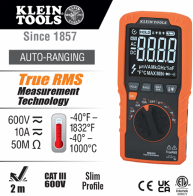 Slim Digital Multimeter TRMS 600V, 10A, -40 to 1832 F, 50 M