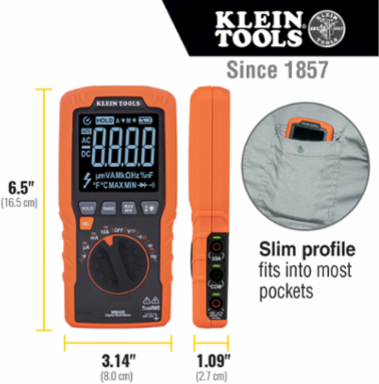 Slim Digital Multimeter TRMS 600V, 10A, -40 to 1832 F, 50 M