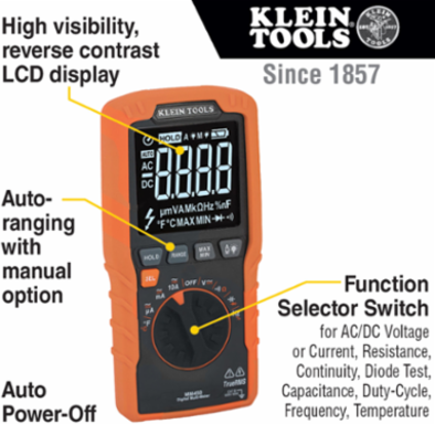 Slim Digital Multimeter TRMS 600V, 10A, -40 to 1832 F, 50 M