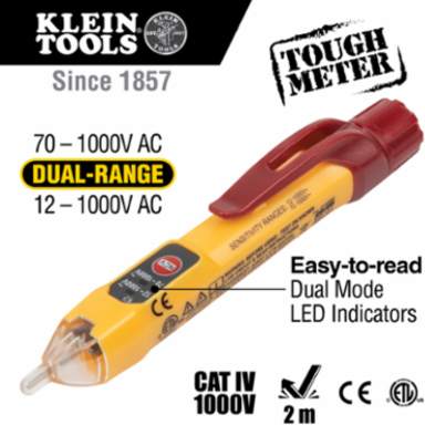 Dual Range Non-Contact Voltage Tester 12-1000V AC, IP54, 6.6 Foot Drop Protection