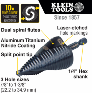 Step Drill Bit, 7/8 to 1-3/8 Inch, Aluminum Titanium Coating, Impact Rated