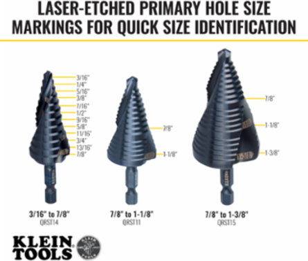 Premium Electrician's Step Bit Set, 3-Piece, Sizes 7/8 Inch to 1-3/8 Inch, High Speed Steel