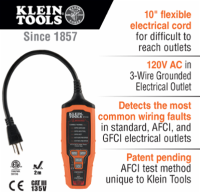 AFCI/GFCI Outlet Tester, 7.4 Inch Length, CATIII 135V Safety Rating
