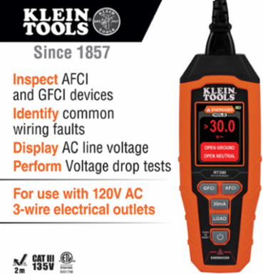 Circuit Analyzer 135V AC with Large LCD, Tests AFCI/GFCI, Voltage Drop, 12A/15A/20A