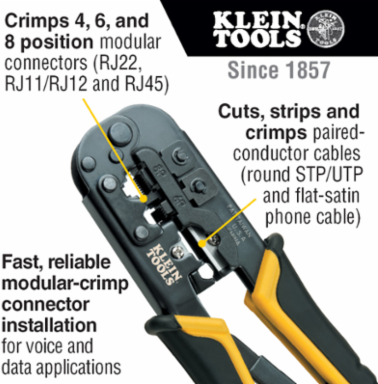 Ratcheting Modular Crimper/Stripper for RJ45, RJ11, RJ12, Cuts/Strips/Crimps 7.5 Inch