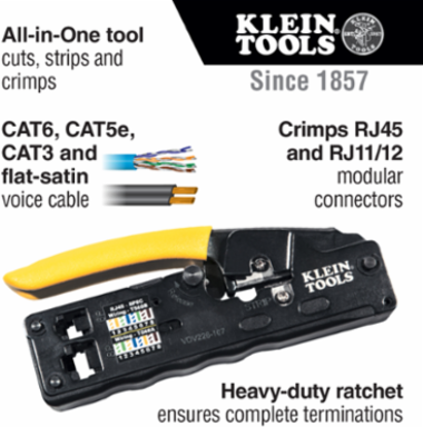Compact Ratcheting Crimper/Stripper/Cutter for CAT3, CAT5e, CAT6 - 5.25 Inch Length