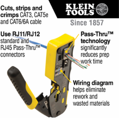 Ratcheting Cable Crimper for CAT3, CAT5e, CAT6/6A, RJ45 Pass-Thru, 6.094 Inch