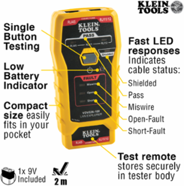 LAN Explorer® Network Cable Tester for RJ11, RJ12, RJ45 - LED Display, Tests CAT3/CAT5e/CAT6/6A