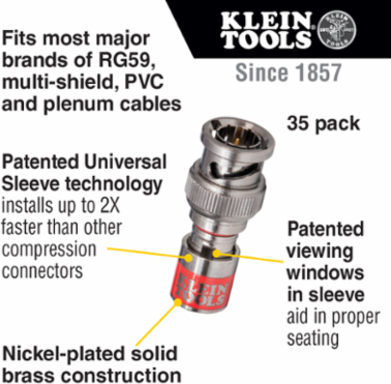 Universal BNC Compression Connectors RG59 35-Pack, 75 Ohm, Solid Brass