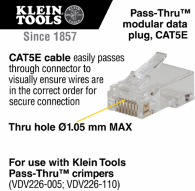 Pass-Thru Modular RJ45 Data Plug, CAT5e, 50-Pack, 8P8C, Clear