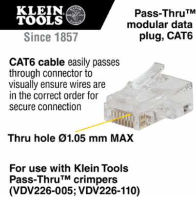 Pass-Thru RJ45 CAT6 Modular Data Plugs, 10-Pack, 8 Position, 8 Contact