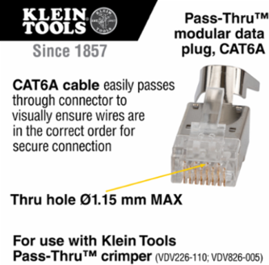 Pass-Thru™ RJ45 CAT6A Shielded Data Plugs, 100-Pack, 8P 8C, 0.043-Inch Max Diameter