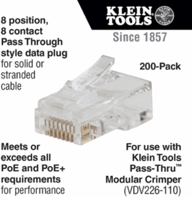 Pass-Thru CAT6 Modular Data Plugs, 200-Pack, 0.04 Inch Diameter