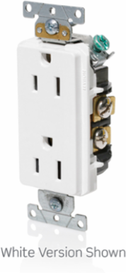 15 Amp Decora Plus Duplex Receptacle, Industrial Grade, 125 Volt, NEMA 5-15R, Self-Grounding