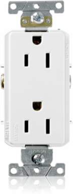 Decora Plus 15 Amp Duplex Receptacle Outlet, Industrial Grade, Self-Grounding, NEMA 5-15R