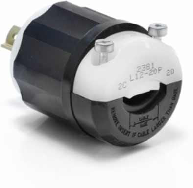 NEMA L12-20P Locking Plug, 20 Amp, 480 Volt, Industrial Grade, Black-White