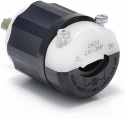 30 Amp NEMA L6-30P Locking Plug 250 Volt, Black & White, Nylon Construction