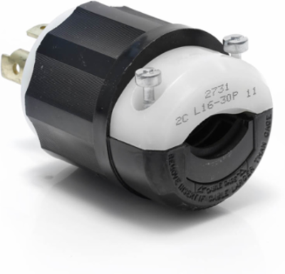 30 Amp Locking Plug, 480 Volt, NEMA L16-30P, 3-Phase, Nylon Construction
