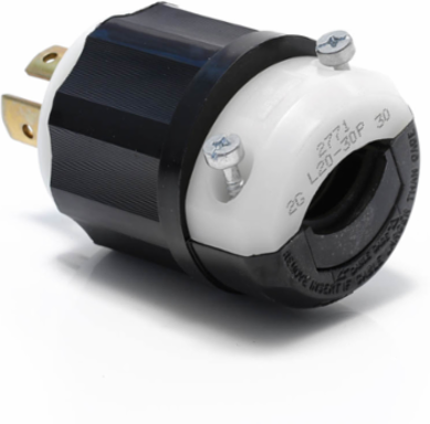 Industrial Grade Locking Plug 30 Amp 347/600 Volt 4P, 4W, NEMA L20-30P, Black-White