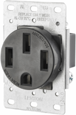 50 Amp Flush Mount Receptacle, 125/250 Volt, 4-Wire, Black
