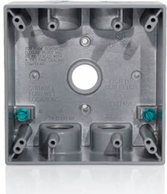 2-Gang Die-Cast Weatherproof Box with 1/2 Inch Diameter Outlets, Gray