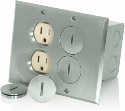 2-Gang Floor Box Assembly, Nickel Finish, 15 Amp, 125 Volt, Tamper-Resistant