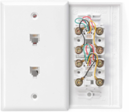Standard Telephone Wall Jack, 6P4C, Screw Terminals, White, 2 Jacks