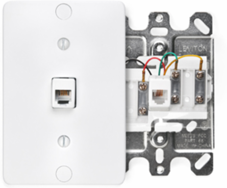 Telephone Wall Phone Jack, 6P4C, White, Screw Terminals, High-Impact Plastic