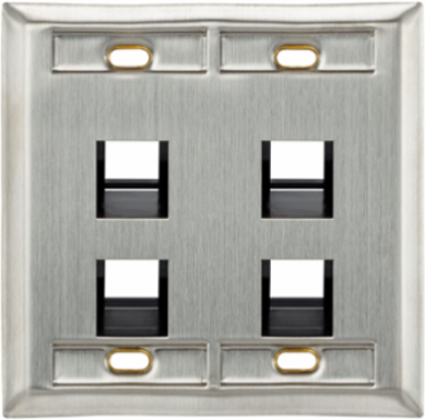 Angled Stainless Steel QUICKPORT Wallplate, Dual-Gang, 4-Port with ID Windows
