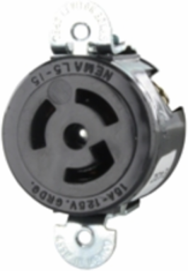 15 Amp 125 Volt NEMA L5-15R Industrial Locking Receptacle, Black Nylon Body