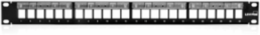 Flat QUICKPORT™ Patch Panel with Magnifying Lens Label Holder, 24‑Port, 1RU, Black. Cable Management bar included