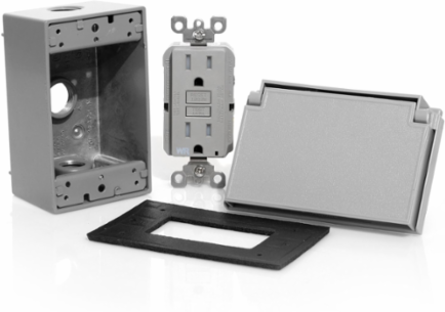 1-Gang Weatherproof Receptacle Kit, 15A-125V, Gray, Self-Test GFCI