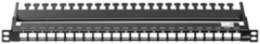 Universal Flat Patch Panel, 24-Port, Half RU, Black. Cable Management Tray Included
