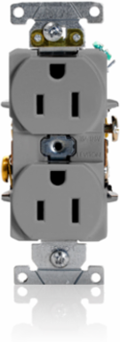 15 Amp Heavy-Duty Duplex Receptacle, Self-Grounding, Gray, NEMA 5-15R