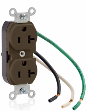 Commercial Grade 20 Amp Duplex Receptacle, NEMA 5-20R, Self-Grounding, Brown