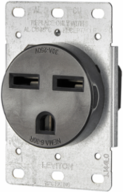 30 Amp Flush Mount NEMA 6-30R Receptacle, 250 Volt, Black, Side Wired