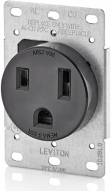 50 Amp 250 Volt NEMA 6-50R Flush Mount Receptacle, 2-Pole 3-Wire, Black
